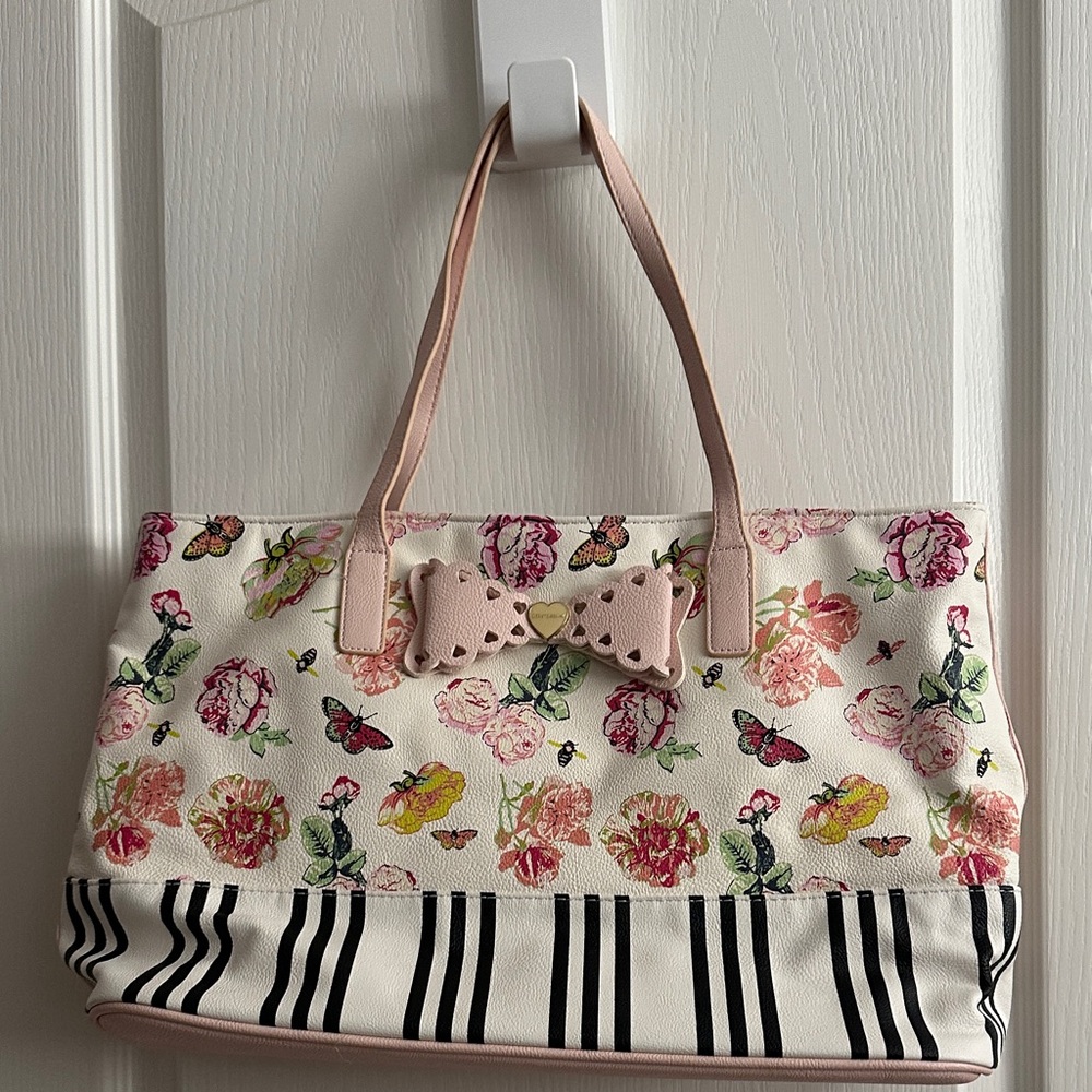 Floral and Striped Tote Bag with Pink Accents